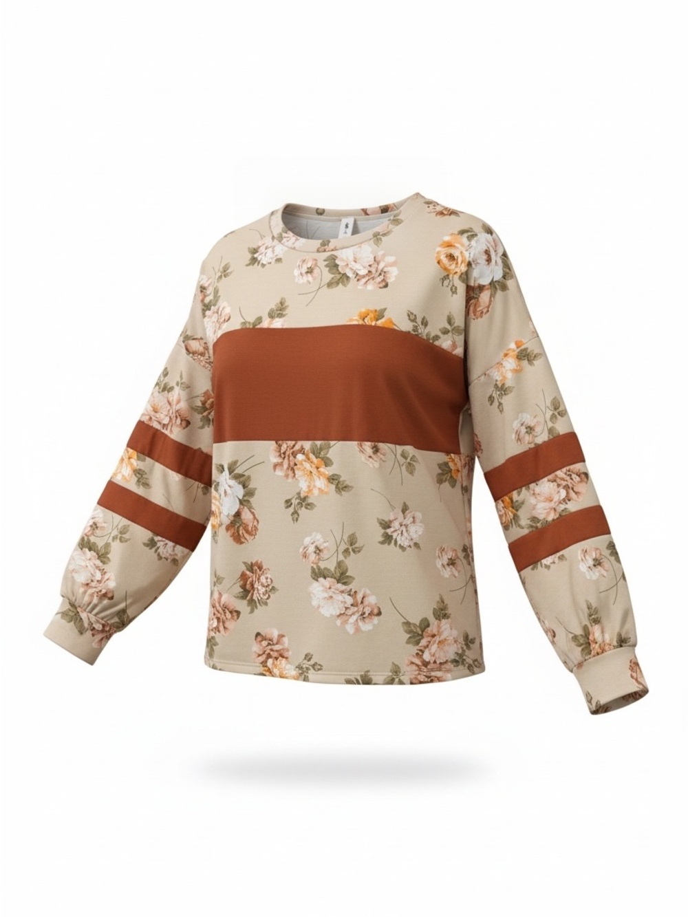 Vanilla Bay Beige Floral Sweatshirt with Rust Accent Stripes - Size Medium